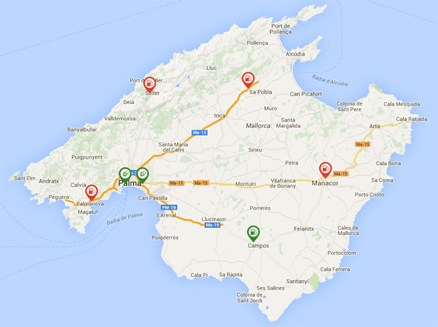 Mallorca Schnelllader 2016 Well distributed: Mallorca's DC chargers are well placed for trips from all corners of the island. There are six Endesa rapid-chargers, and one from ChargeNow at the yacht club in Palma.