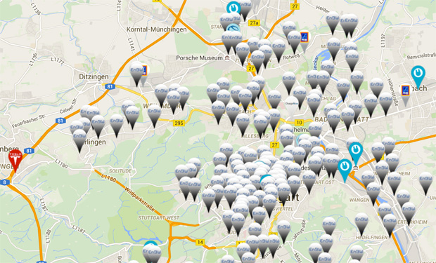 Stuttgart Ladestationen PlugFinder En la región no faltan puntos de recarga. Imagen: screenshotplugfinder.de