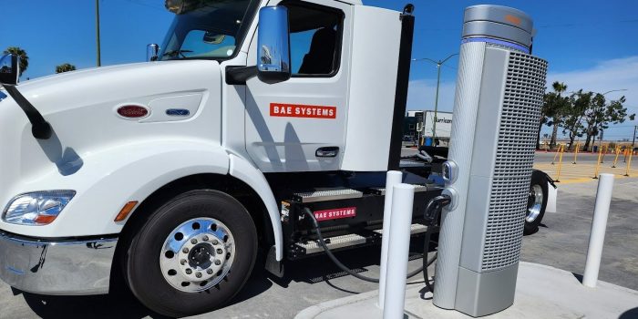 BAE Semi Truck charging at EV charging station e