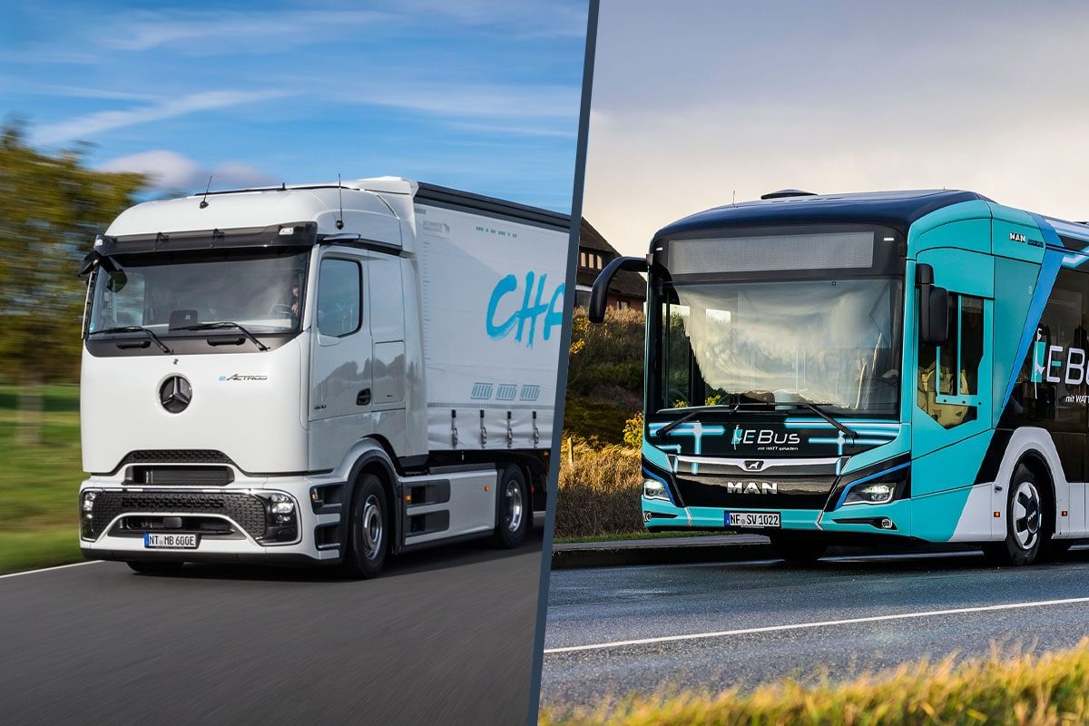 Daimler camión mercedes benz eactros e lkw camión eléctrico hombre lions city e elektrobus autobús eléctrico collage min