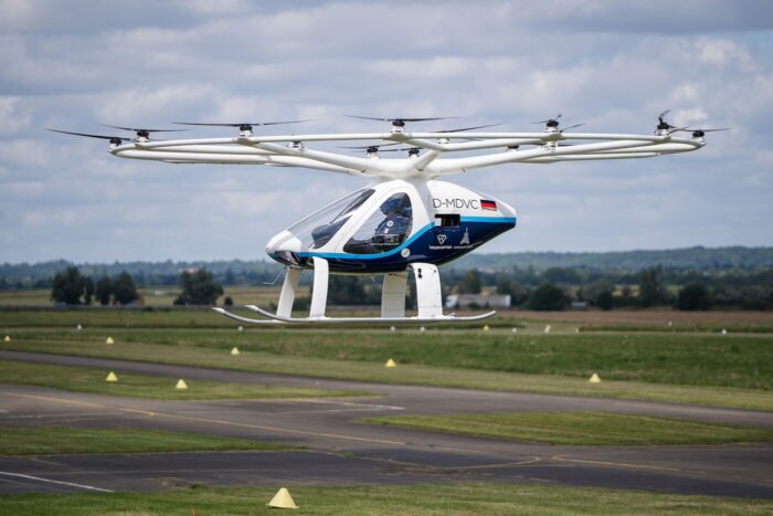 Crewed volocopter evtol flying at aerodrome of saint cyr l cole