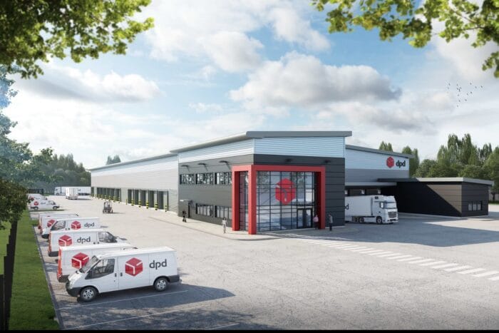 Centro de distribución Darlington dpd uk render recortado