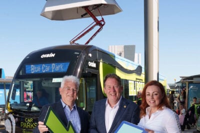 Dublin airport ev charger pic pantograph with minister o brien vincent harrison and andrea carroll